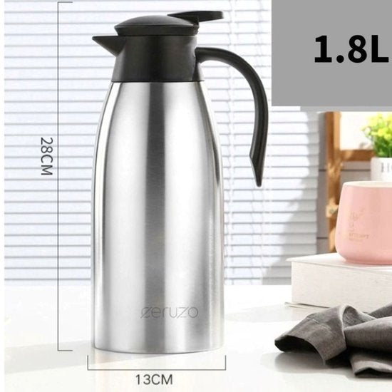 Ceruzo Thermoskanne aus Edelstahl - 1,8 Liter - Doppelwandig - Auslaufsicher - Heiße und kalte Getränke - 28x13 cm