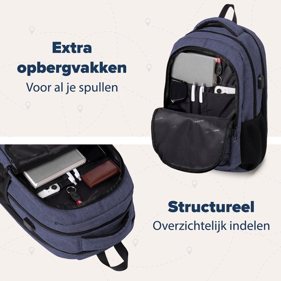 TRVLMORE Rucksack mit Lifetime - Rucksack mit 15.6 Zoll Laptopfach - Schultasche - Spritzwassergeschützt - Männer und Frauen - Jungen und Mädchen - 28L - Blau