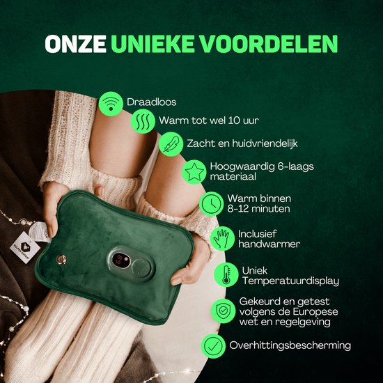 Vulpes Goods® - Elektrische Kanne - Weicher grüner Flanell - Digitale Anzeige - Kabellos und energieeffizient - Inklusive HandwärmerBei Menstruationsschmerzen und Muskelkater - Wärmflasche fürs Bett