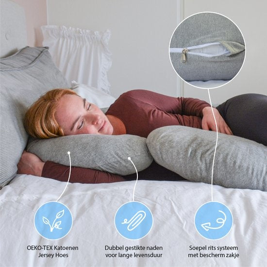 EL Life Umstandskissen - XXL - C-Form - Stillkissen - Seidenschlafkissen - Körperkissen - abnehmbarer Jersey-Baumwollbezug - 150x70cm - Hellgrau