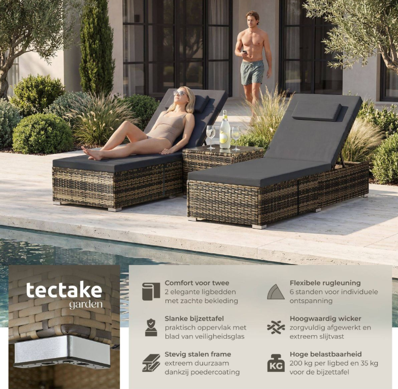 Tectake Carbonera Doppel-Liegestuhl aus Korbgeflecht – Natur – 62 x 196 x 36 cm – 2er-Set, inklusive Beistelltisch