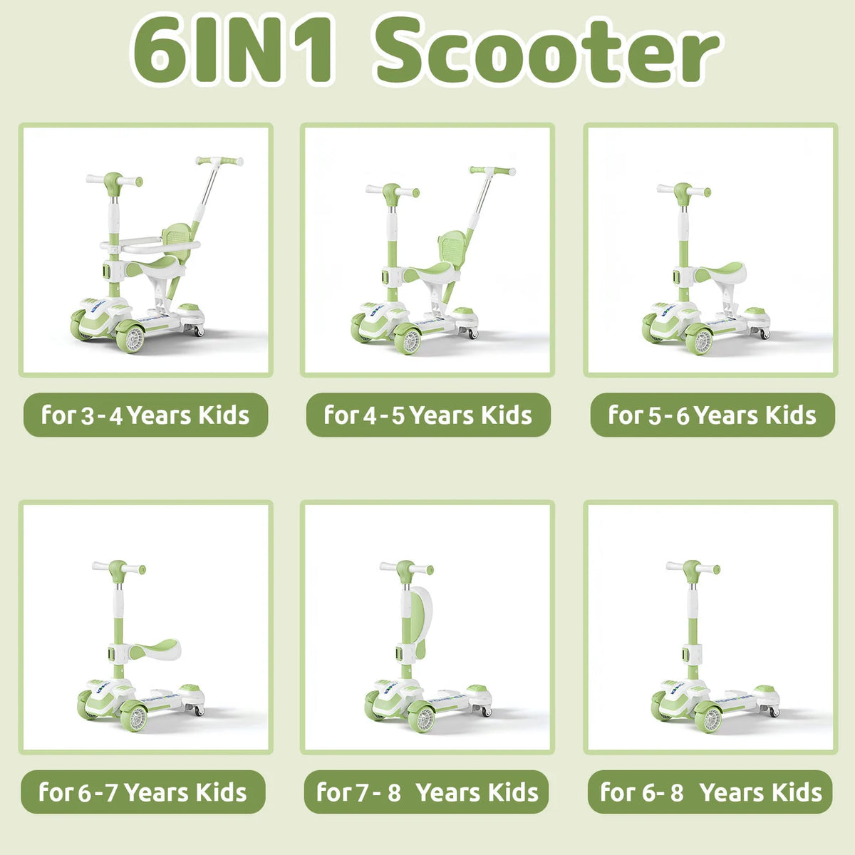 Neuleb 6-in-1-Kinderscooter mit 4 Rädern – Grün – 3–8 Jahre, drehbarer Sitz, bis zu 100 kg