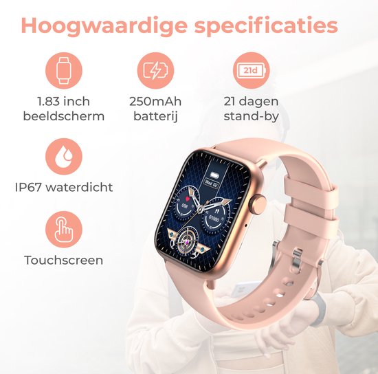 Nuvance - Smartwatch Männer & Frauen mit Bluetooth - 45mm - Geeignet für alle Smartphones - Schrittzähler und Herzfrequenzmesser - Wasserdicht - Hellrosa