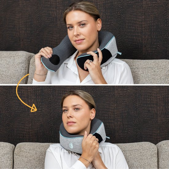 TRAVARA Nackenkissen - Reisekissen - Für Flugzeug - Auto - Memory Foam - Mit Ohrstöpseln - Grau