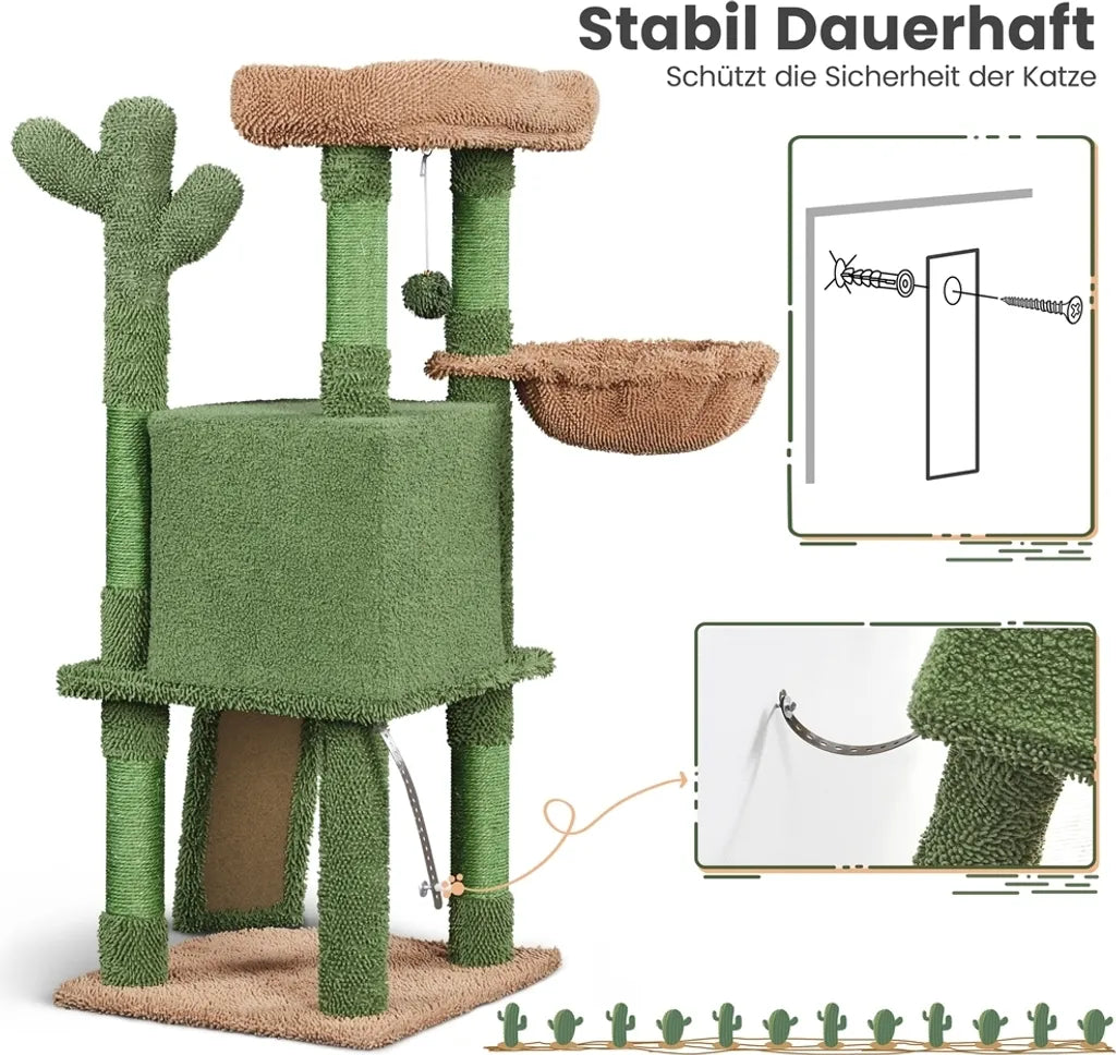 Yaheetech Kaktus Kratzbaum XS 42,5 x 42,5 x 106,5 cm – Grün/Braun – Kratzbaum mit Katzenhaus, Hängekorb und Sisalstangen