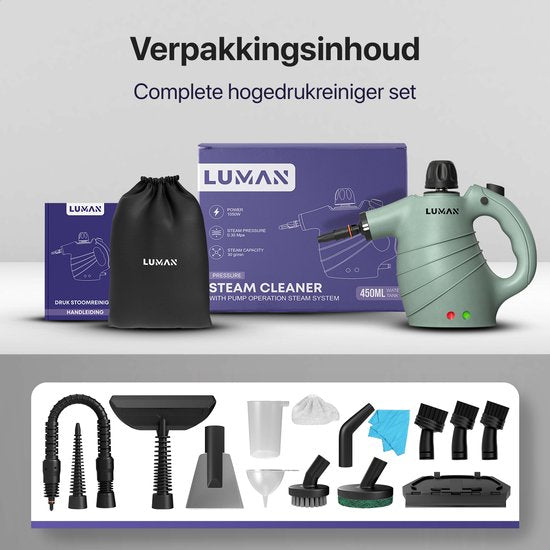 LUMAN 16-in-1 Dampfreiniger C1 - Handdampfreiniger - Handdampfer - Küche, Bad & Sofa reinigen - Fleckenreiniger - 1050 Watt - 450 ML - Grün
