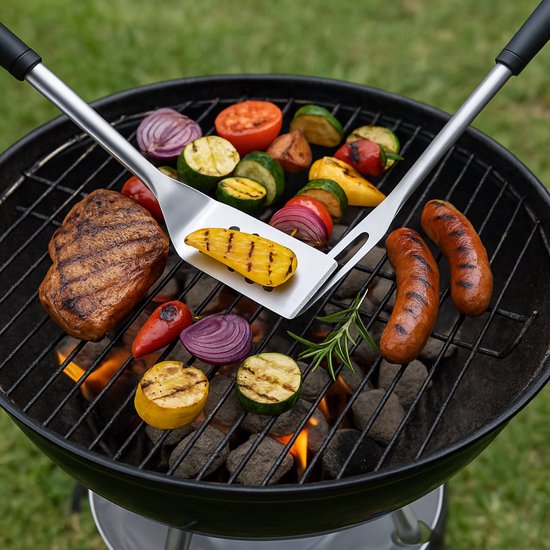 alpina BBQ Tools Set - 6-teiliges Grillset mit Spatel, Grillzange und Fleischgabel - Inklusive 4 Spieße - Edelstahl - Ideal zum Grillen von Fleisch und Gemüse