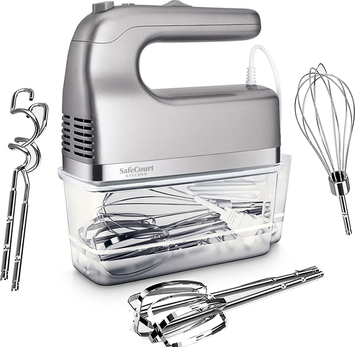 Safecourt Kitchen - Handmixer - Turbo-Funktion - Quirl & Knethaken & Schneebesen - Stahl - Silber
