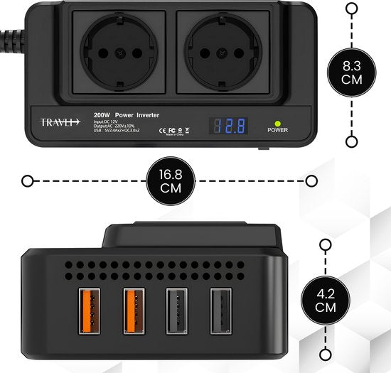 Travli Inverter 12v 230v - Autoladegerät - Tragbarer Wechselrichter - 2x 230V Steckdose - 4x 5V usb Ladeanschlüsse