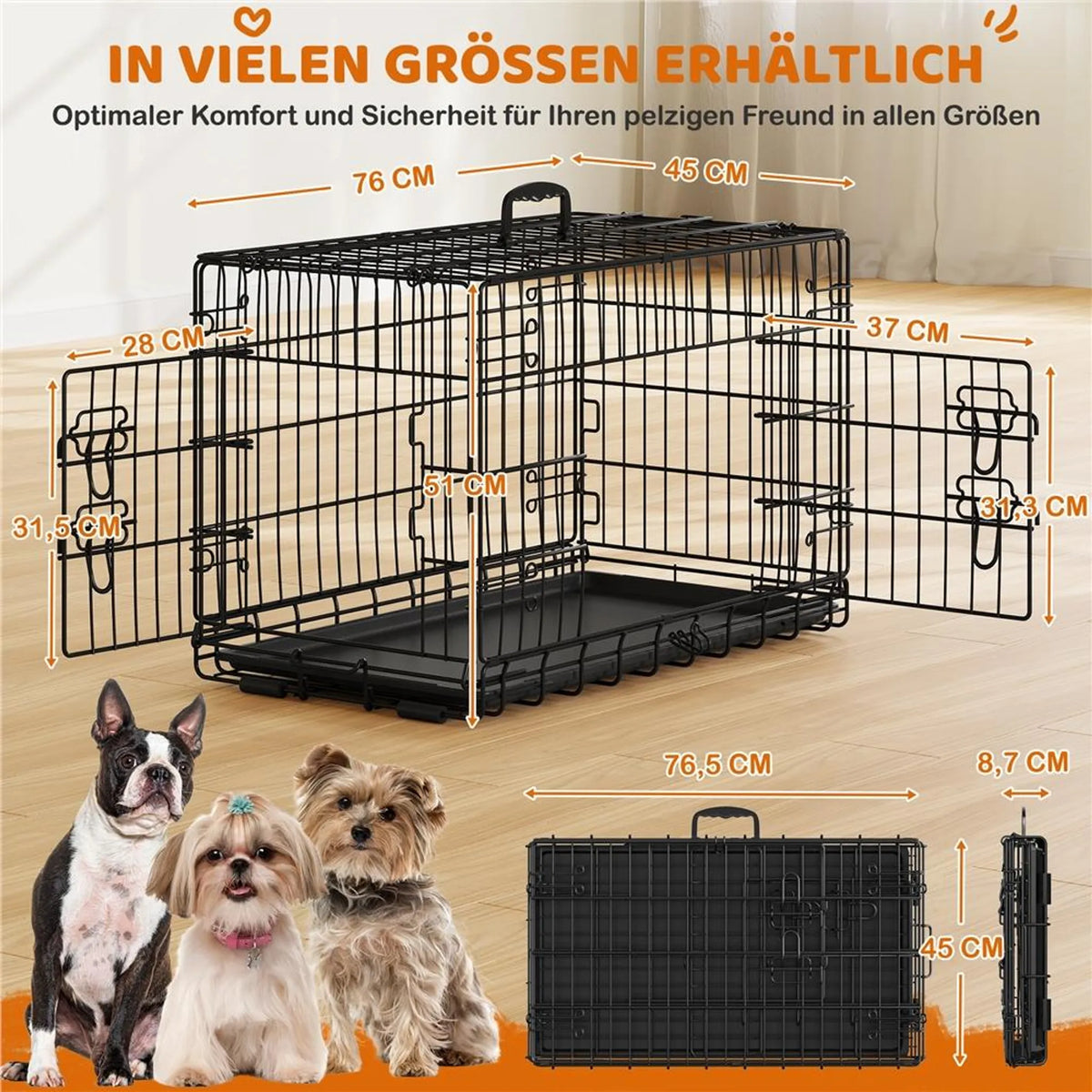 Yaheetech Faltbare Hundebank - 76 x 45 x 51 cm - Mit Trennwand und abnehmbarer Bodenplatte und Doppeltür - Für kleine Hunde - Schwarzes Metall und Kunststoff