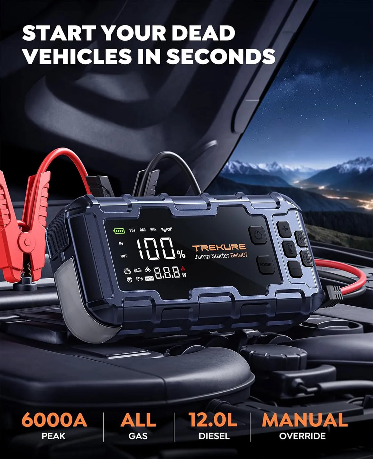 TREKURE Beta07 Starthilfe 6000 A – 12 V – mit Luftkompressor 160 PSI, 45 W PD