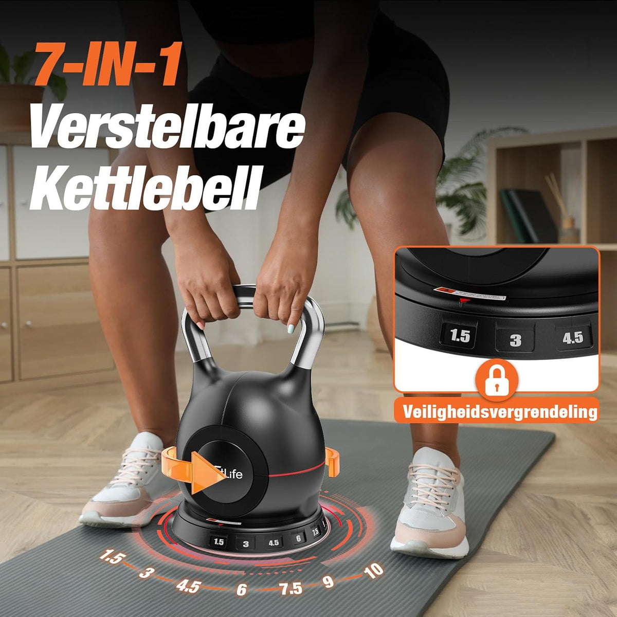 DH FitLife Verstellbare 7-in-1-Kettlebell – 1,5 bis 10 kg – 7 Gewichtsstufen – 20 x 20 x 30 cm – Schwarz