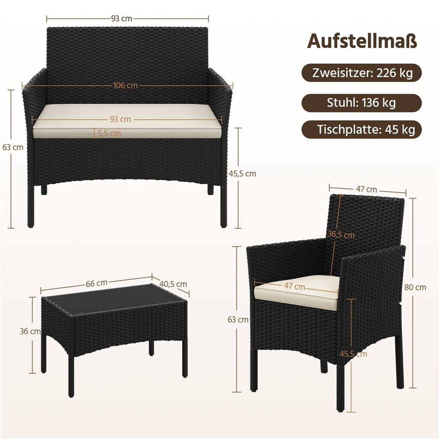 Yaheetech 4-teiliges Rattan-Lounge-Set – Tisch, 2 Stühle und 2-Sitzer-Sofa – wetterfeste Kissen – Schwarz und Beige – 106 x 58 x 80 cm