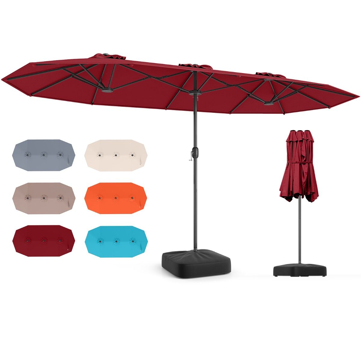 Coast Doppel-Terrassenschirm – extra großes Tuch – beschwerter Fuß – Weinrot 400 x 212 cm