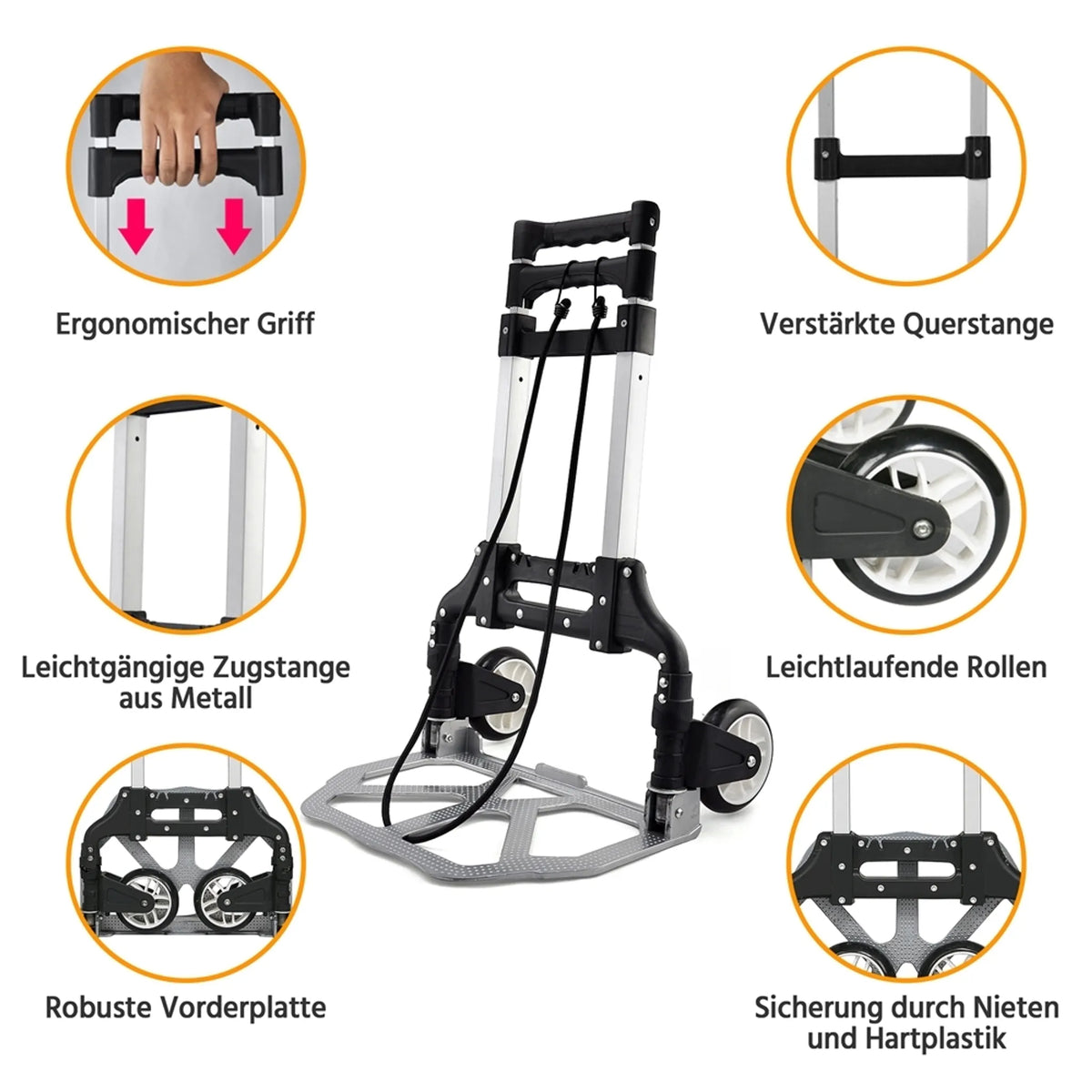 Yaheetech Trolley faltbar 75 kg - Ausgestattet mit Teleskopgriff und Gummirädern und inklusive Spannseil - Für Transport und Umzug - Schwarz und Silber Aluminium und Kunststoff - 39,5 x 39,5 x 100 cm