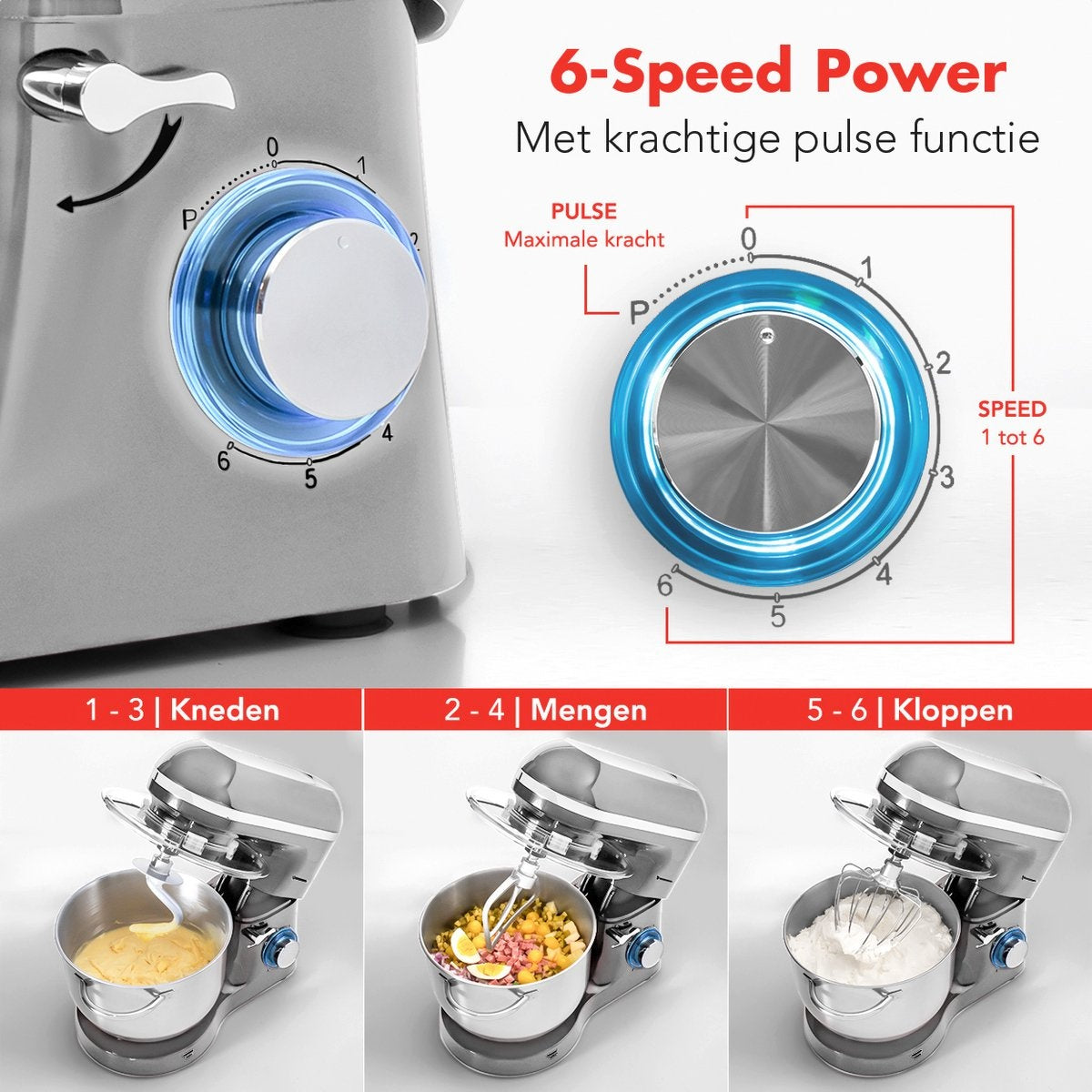 KitchenBrothers Küchenmaschine - Küchenmixer mit 6L-Edelstahl-Mixschüssel - Küchenroboter - 1400W - Silber