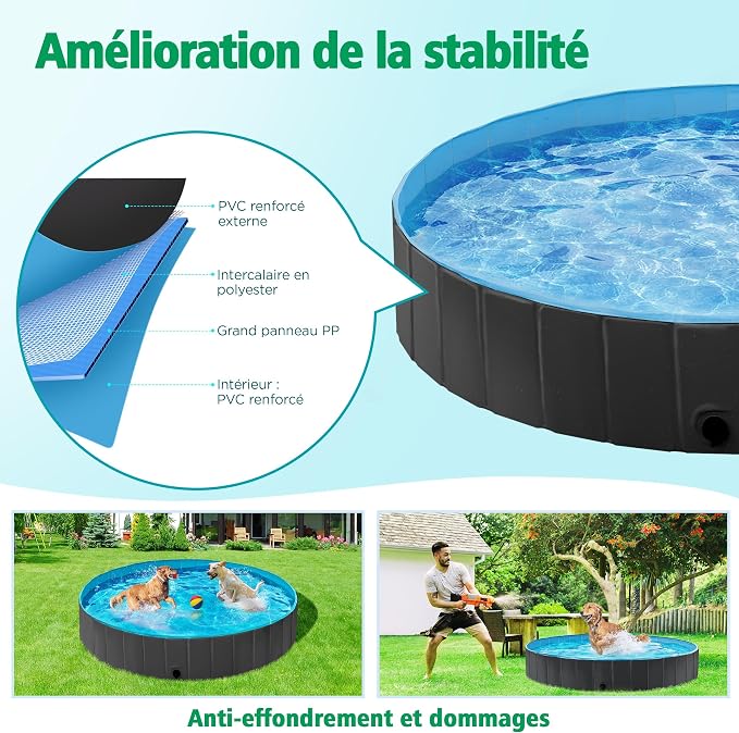 Yaheetech XXL Hundeschwimmbecken, zusammenklappbar, 160 x 30 cm – Schwarz – Rutschfestes Hundebad für Hunde und Katzen