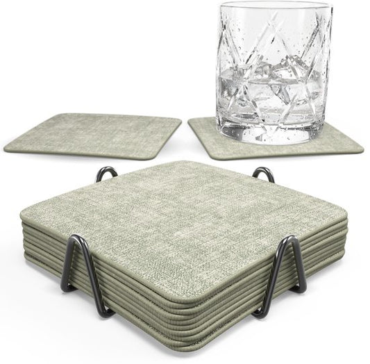 Castagnola Untersetzer aus Kunstleder – Untersetzer für Gläser – Design-Untersetzer mit Halter – Untersetzer-Set aus Kunstleder mit Metallhalter – Leder – 10er-Set – Grün meliert – 10 x 10 cm