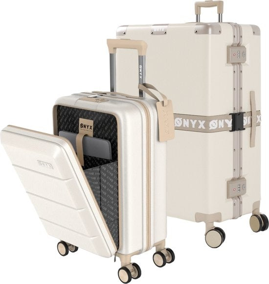 ONYX® - 2-teiliges Kofferset - Handgepäck mit Fronttasche und Check-in-Koffer - 35L/100 L - TSA-Schloss - Leichter Trolley - Aluminiumverschluss - Beige