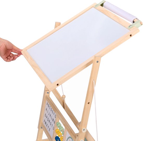 Sunny Nola Aktivitäten-Staffelei – Holzstaffelei für Kinder – Spielstaffelei mit Whiteboard und Kreidetafel – Malstaffelei für Kinder – Magnettafel – Inklusive Papierrolle, Magneten, Kreiden, Filzstiften und Radiergummi – Lernspielzeug
