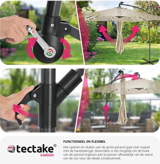 tectake - Sonnenschirm 250cm mit Solar Led Beleuchtung - Sonnenschirme - Schwebender Sonnenschirm - Solarenergie - Inkl. Solarpanel - Gartenbeleuchtung - beige