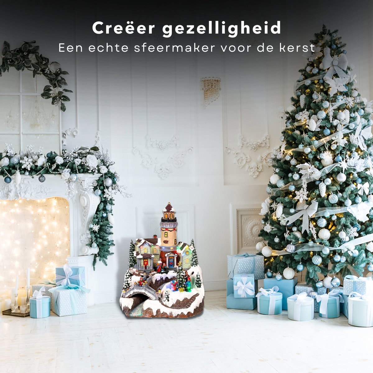 Cheqo Weihnachtsdorf mit drehbarem Weihnachtsbaum - LED Beleuchtung - 26x28x35 cm