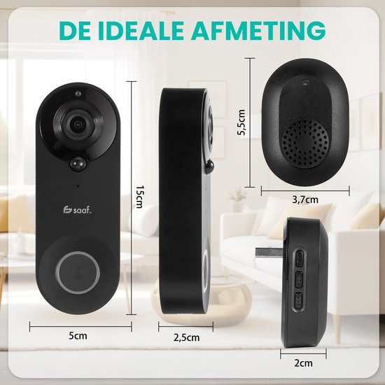 Video-Türklingel mit Kamera - inkl. Gong & 32GB SD - drahtlos - intelligente Türklingel - kostenlose App - Schwarz - Saaf ALL-VD