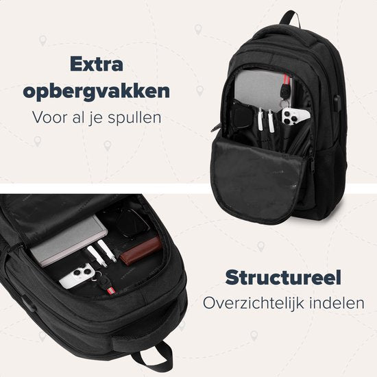 TRVLMORE Rucksack mit Lifetime - Rucksack mit 15.6 Zoll Laptopfach - Schultasche - Spritzwassergeschützt - Männer und Frauen - Jungen und Mädchen - 28L - Schwarz