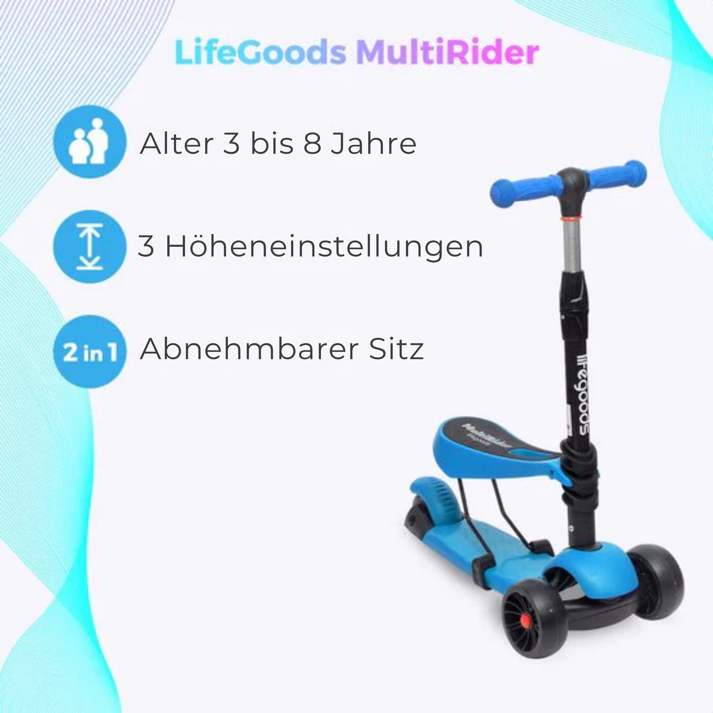 LifeGoods MultiRider Kids' Scooter - Stufe 3-8 Jahre - Verstellbarer Sitz - Leuchtende Räder - Jungen/Mädchen - Blau