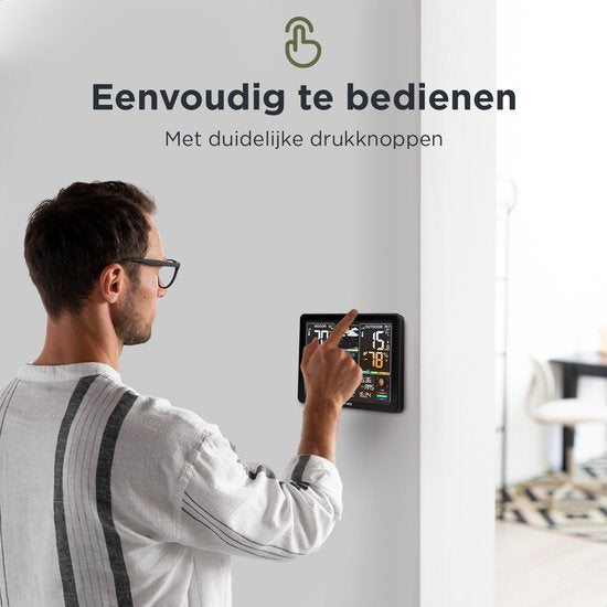 LONQ - Innen- und Außenwetterstation Q5 - Inkl. Batterien - Funkwetterstation mit Außensensor - Thermometer Hygrometer - Farbdisplay - DCF-gesteuerte Uhr - Schwarz