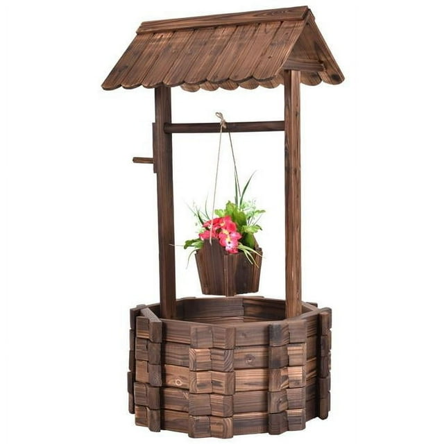 Coast Gartenbrunnen - Mit Holzbrunnen, Eimer und Blumentopf mit Dach - Rustikales Design - 43 x 39 x 72 cm - Braun