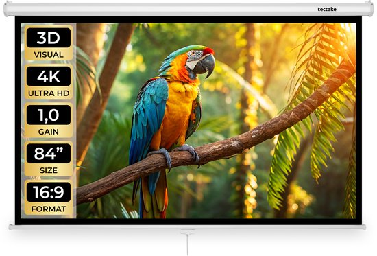 tectake® Beamer-Leinwand – 84 Zoll (214 cm) – 16:9-Projektionsleinwand – Wand- oder Deckenmontage – 4K HD – Aufrollbar – Ausziehbar – Projektionsleinwand – Präsentationsleinwand – Heimkino – Inklusive Befestigungsmaterial