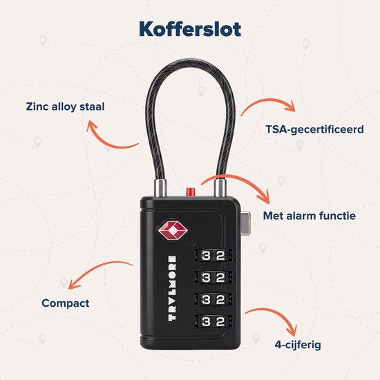TRVLMORE Kofferschloss mit Kabel – TSA-zertifiziert – Alarmfunktion – 4-stellig – 2 Stück – Schwarz