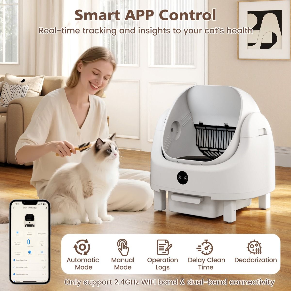 Coast Automatische, selbstreinigende Katzentoilette – App-Steuerung – Sicherheitssensoren – Weiß