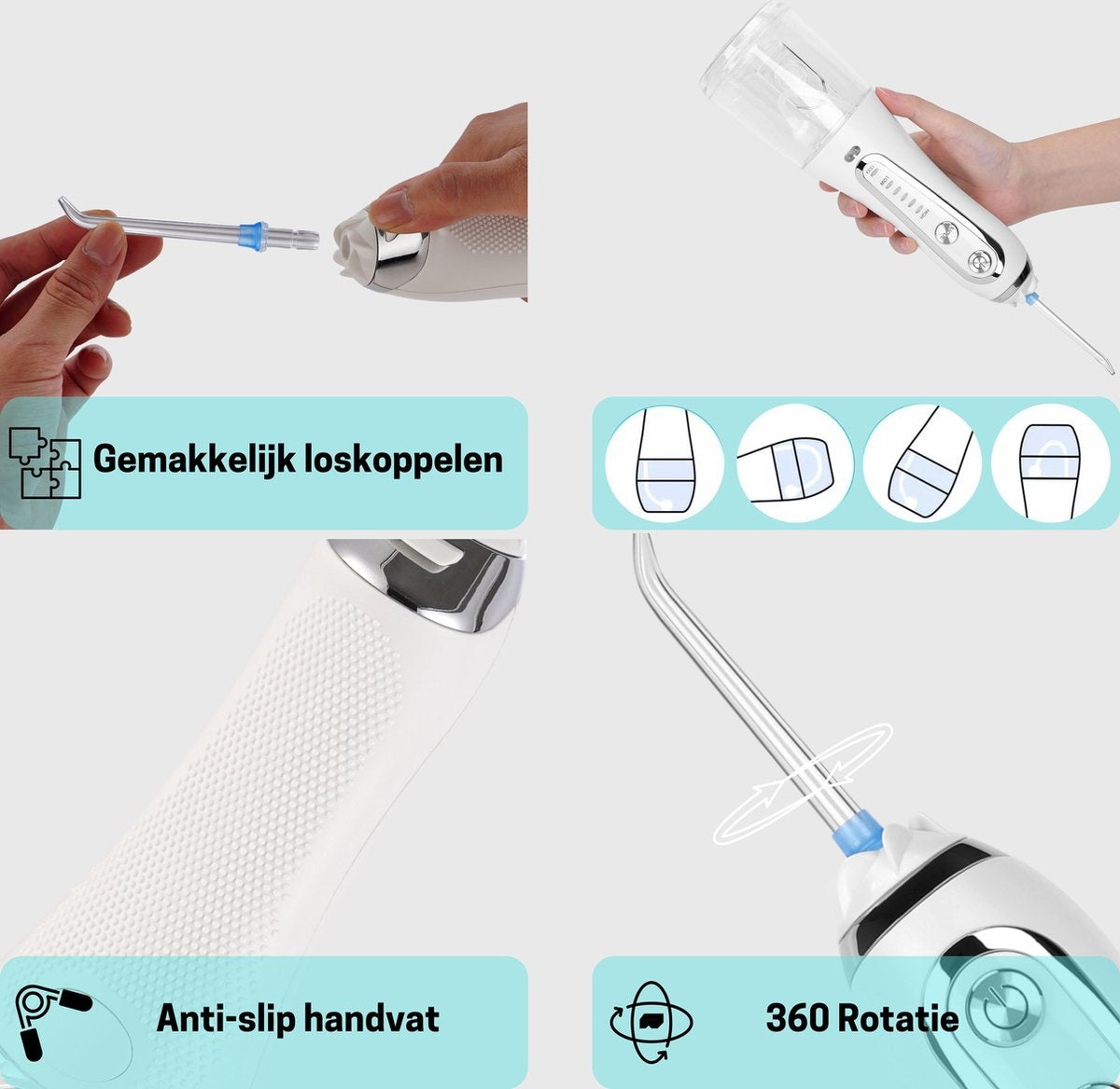 BOME Water Flosser mit 7 Aufsätzen - Mundspülung - Zahnstein vorbeugen - kabellos - 5 Stufen - Weiß