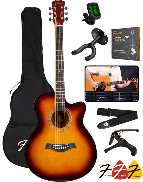 Finesse Akustikgitarre - mit Videokurs - 4/4 40" - Westerngitarre - Gitarre Kind & Erwachsener - Sunburst