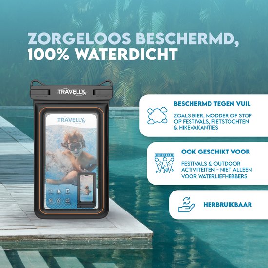 Travelly® Luxe Waterproof Phone Case - Universelle Unterwassertasche für Smartphone - Geeignet für alle Handys - Drybag - Für Urlaub, Schwimmen & Wassersport - Schwarz
