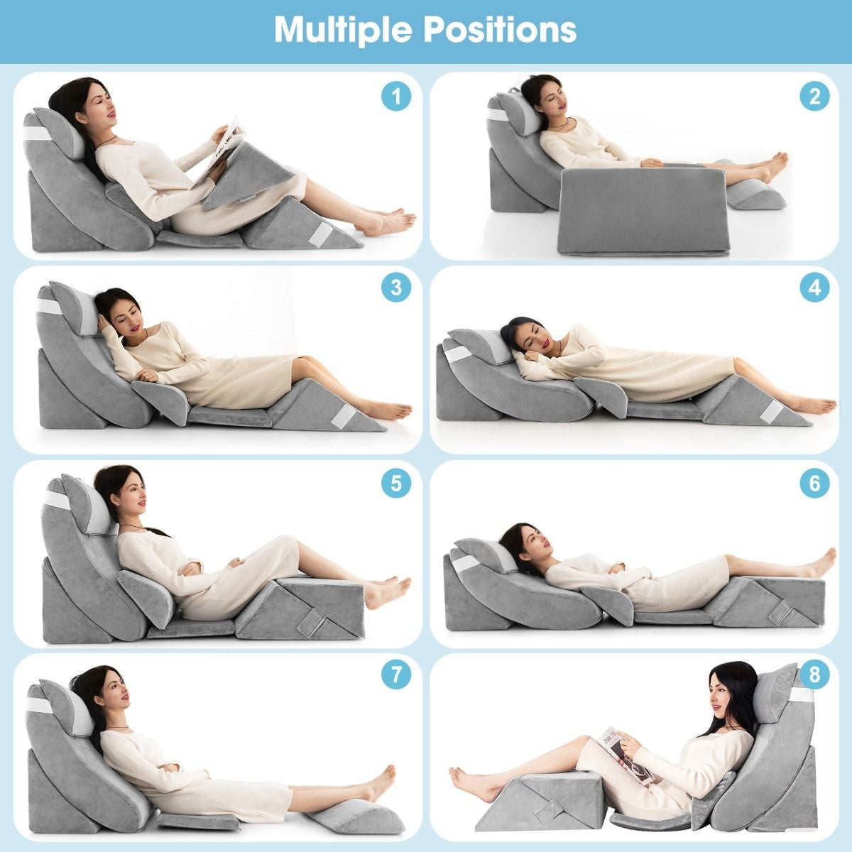 Coast 7er-Set Memory Foam Lesekissen / Orthopädische Kissen / Waschbarer Bezug / Ergonomisch / Grau