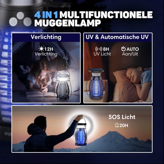 Vulpes Goods® Repellent Mückenlampe PRO - Elektrischer Insektenvernichter - UV-Modus & Nachtlicht - Aufhängbar - Wiederaufladbar & Solar - Wasserdicht - Inkl. Auffangschale & Reinigungsbürste
