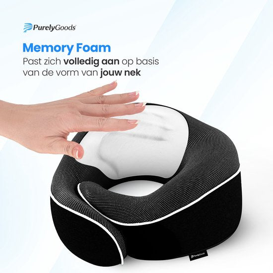 PurelyGoods® Nackenkissen - Luxuriöses Reisekissen-Set - Memory Foam - Flugzeug & Auto - Schwarz - inkl. Schlafmaske und Ohrstöpsel