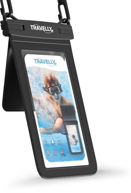 Travelly® Wasserdichte Handytasche mit extra Staufach - Universelle Unterwassertasche für Smartphone - Geeignet für alle Handys - Drybag - Für Urlaub, Schwimmen & Wassersport - Schwarz