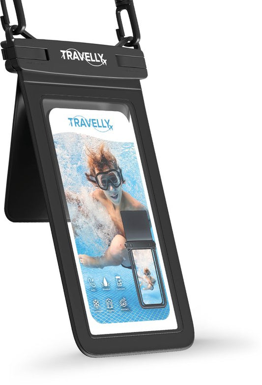 Travelly® Wasserdichte Handytasche mit extra Staufach - Universelle Unterwassertasche für Smartphone - Geeignet für alle Handys - Drybag - Für Urlaub, Schwimmen & Wassersport - Schwarz