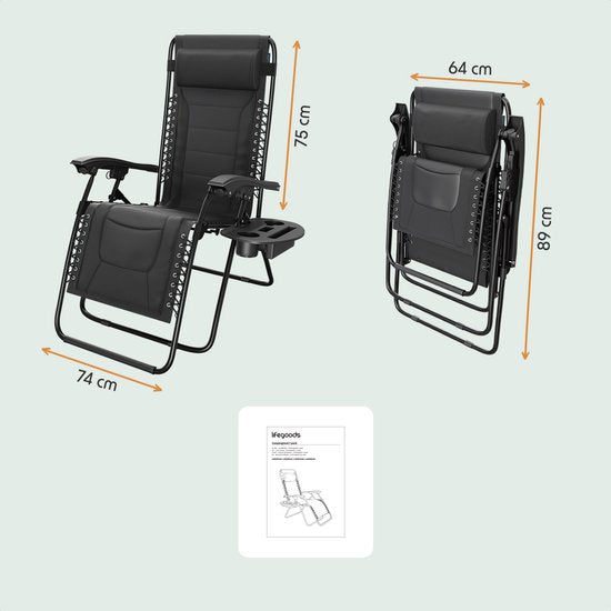 LifeGoods Lounger Comfort - klappbar - 30°-90° verstellbar - Tassen- und Telefonhalter - Gartenstuhl - Schwarz