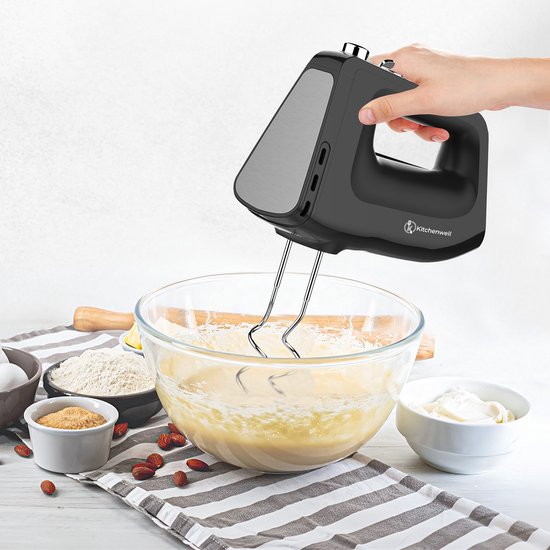 Kitchenwell - Handrührgerät - 10 Geschwindigkeitsstufen mit Turbofunktion - Knethaken und Rührbesen - Aufbewahrungshalter - schwarz