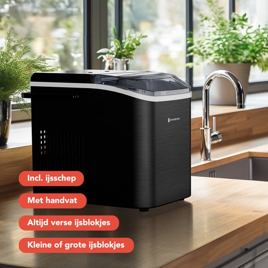 KitchenBrothers Eiswürfelbereiter - 1.5L - Eiswürfelbereiter - Eisportionierer - 12kg/24 Stunden - Tragbar - Selbstreinigungsfunktion - Rotguss-Edelstahl
