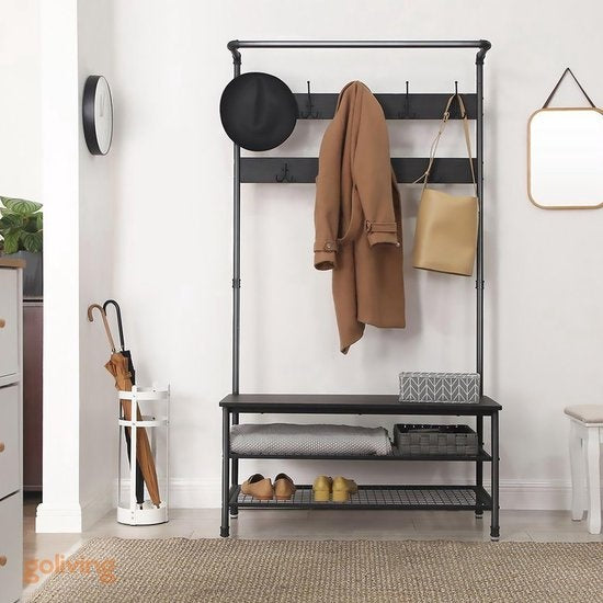 Goliving Garderobe XL - Garderobenständer - Schuhablage - Stehend - Industrieschrank - Metall/Holz - 100 x 41,5 x 182 cm - Schwarz