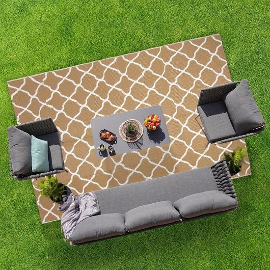 LifeGoods Outdoor Teppich - 183x290CM - Gartenteppich - Reversibel - Inkl. Tragetasche - Mit Muster - Beige/Weiß