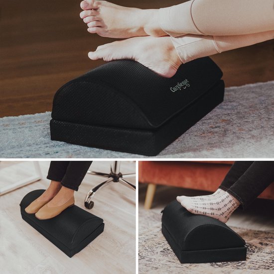 CozySense® Fußstütze Schreibtisch - Ergonomischer Fußhocker - Geeignet für Zuhause oder im Büro - Fußkissen - 2 verstellbare Höhen - Anti-Rutsch - Bezug mit Massagefunktion - Waschbar - Schwarz