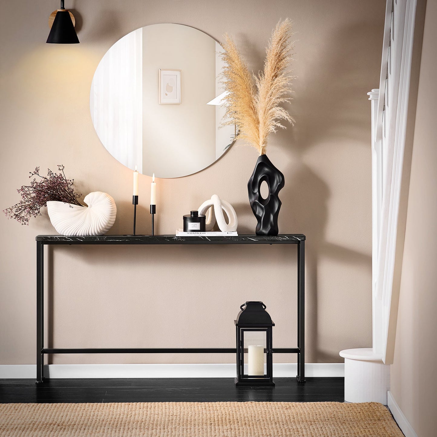 Sobuy Konsolentisch FSB19 SCH Beistelltisch – 120 cm lang, mit Tischplatte in Marmoroptik, schwarzem Metallgestell und Bodenschonern – für Flur und Wohnzimmer – Holz und Metall – 120 x 20 x 65 cm