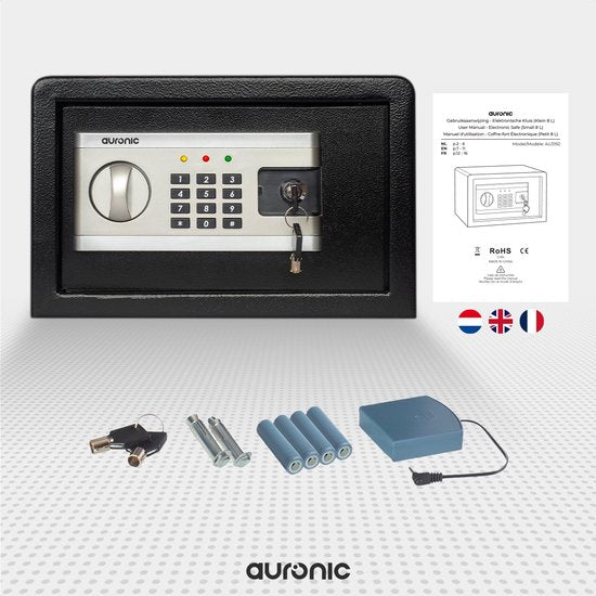 Auronic Electronic Safe - Zahlenschloss - Schlüssel - Wandmontage - 4.3cm Tür - 130dB Alarm - 8L - 31x20x20cm - 4.5KG - Stahl - Schwarz